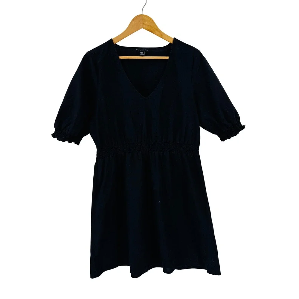 Saks Fifth Avenue Black V Neck Smocked Waist Puff Sleeve‎ Dress Linen Cotton XL
